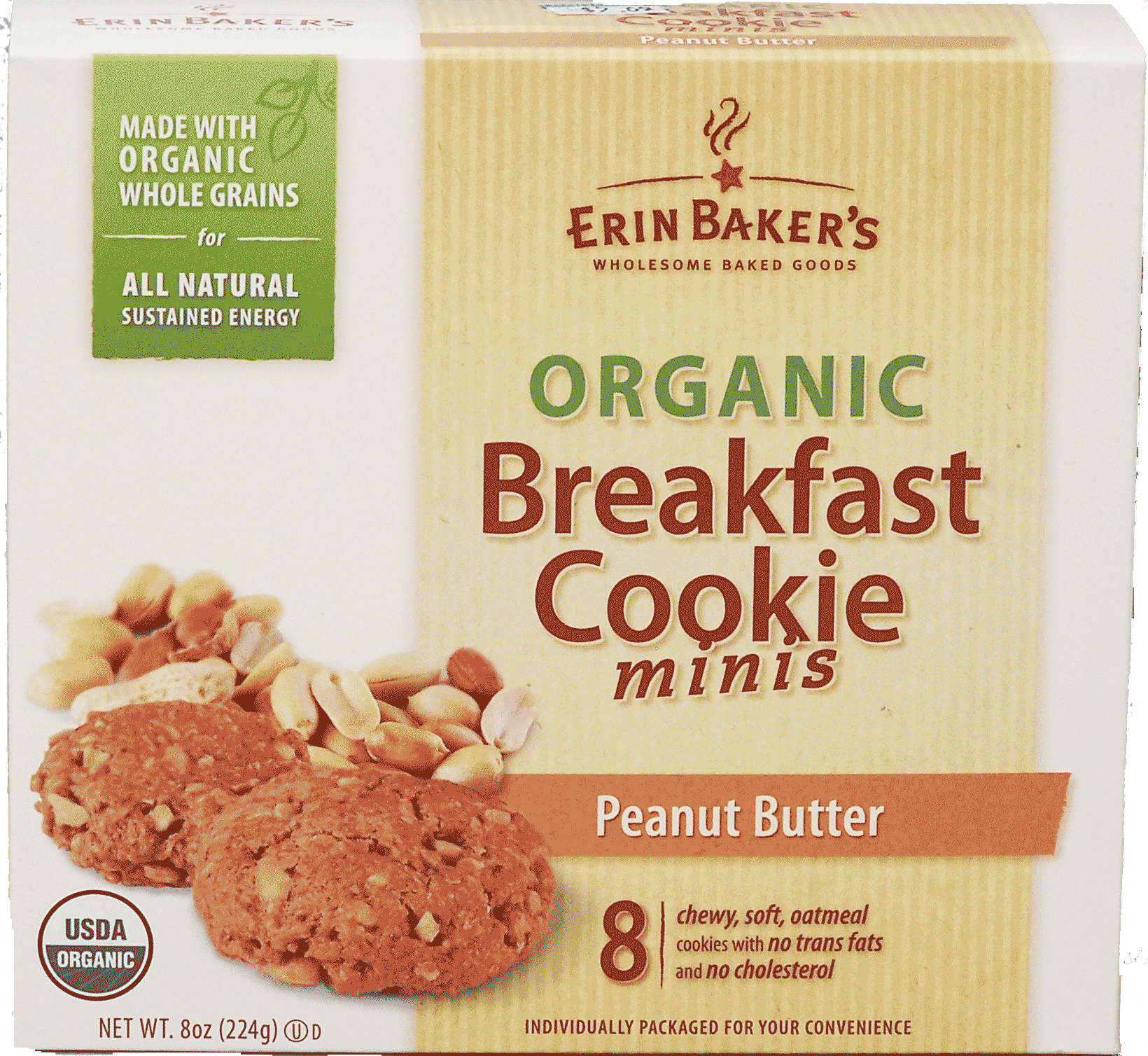 Erin Baker's&nbsp;Organic Breakfast Cookie Minis&nbsp;peanut butter, 8 chewy, soft oatmeal cookies with no trans fat and no cholesterol Full-Size Picture